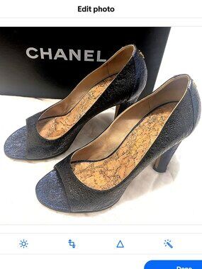 CHANEL Crinkled Black Leather CC Logo Coco Mark Peep Toe Pumps w Box, Bags EU37
